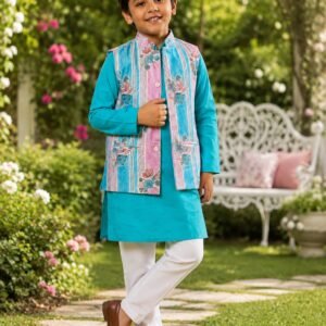 Printed Nehru Jacket & White Pajama
